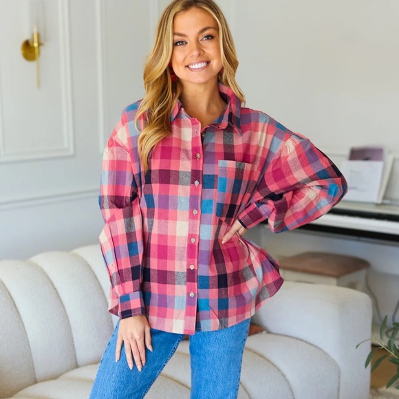 Tops - Oversized Button Down Mauve Washed Lightweight Plaid Top, Puff Shoulder, Small